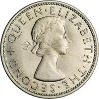 obverse of 2 Shillings - Elizabeth II - 1'st Portrait (1954) coin with KM# 30 from Southern Rhodesia. Inscription: + QUEEN · ELIZABETH · THE · SECOND