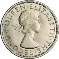 Southern Rhodesia coin 2 Shillings - Elizabeth II - 1'st Portrait (1954) obverse obverse of 2 Shillings - Elizabeth II - 1'st Portrait (1954) coin with KM# 30 from Southern Rhodesia. Inscription: + QUEEN · ELIZABETH · THE · SECOND