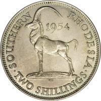 reverse of 2 Shillings - Elizabeth II - 1'st Portrait (1954) coin with KM# 30 from Southern Rhodesia. Inscription: SOUTHERN RHODESIA 1954 · TWO SHILLINGS ·