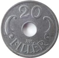 reverse of 20 Fillér - Miklós Horthy (1941 - 1944) coin with KM# 520 from Hungary. Inscription: 20 BP. FILLER
