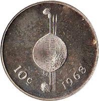 reverse of 10 Cents - Sobhuza II - Independence (1968) coin with KM# 2 from Swaziland. Inscription: T.S. 10c 1968