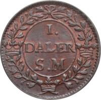 reverse of 1 Daler Silvermynt - Carl XII - Jupiter (1718) coin with KM# 357 from Sweden. Inscription: 1 DALER SM