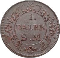 reverse of 1 Daler Silvermynt - Carl XII - Apollo (1718) coin with KM# 359 from Sweden. Inscription: I. DALER S.M