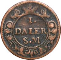 reverse of 1 Daler Silvermynt - Carl XII - Mars (1718) coin with KM# 360 from Sweden. Inscription: 1. DALER S.M