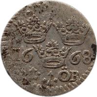 Sweden coin 1 Öre - Carl XI (1665 - 1685) reverse reverse of 1 Öre - Carl XI (1665 - 1685) coin with KM# 250 from Sweden. Inscription: 1668 I ÖR