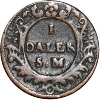 reverse of 1 Daler Silvermynt - Carl XII - Saturn (1718) coin with KM# 358 from Sweden. Inscription: 1. DALER S.M