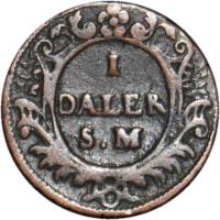 Sweden coin 1 Daler Silvermynt - Carl XII - Saturn (1718) reverse reverse of 1 Daler Silvermynt - Carl XII - Saturn (1718) coin with KM# 358 from Sweden. Inscription: 1. DALER S.M