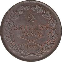reverse of 2 Skilling Banco - Carl XIV Johan (1835 - 1843) coin with KM# 643 from Sweden. Inscription: 2 SKILLING BANCO 1837