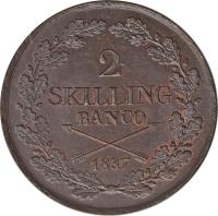 Sweden coin 2 Skilling Banco - Carl XIV Johan (1835 - 1843) reverse reverse of 2 Skilling Banco - Carl XIV Johan (1835 - 1843) coin with KM# 643 from Sweden. Inscription: 2 SKILLING BANCO 1837