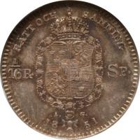reverse of 1/16 Riksdaler Specie - Oscar I (1845 - 1855) coin with KM# 665 from Sweden. Inscription: RÄTT OCH SANNING 1/16R. SP. A. G. 1852