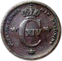 obverse of 1/3 Skilling Banco - Carl XIV Johan (1835 - 1843) coin with KM# 640 from Sweden. Inscription: FOLKETS KÄRLEK MIN BELÖNING