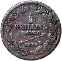 Sweden coin 1/3 Skilling Banco - Carl XIV Johan (1835 - 1843) reverse reverse of 1/3 Skilling Banco - Carl XIV Johan (1835 - 1843) coin with KM# 640 from Sweden. Inscription: 1/3 SKILLING BANCO