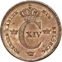 obverse of 1/6 Skilling Banco - Carl XIV Johan (1835 - 1844) coin with KM# 639 from Sweden. Inscription: FOLKETS KÄRLEK MIN BELÖNING