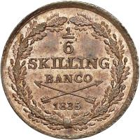 Sweden coin 1/6 Skilling Banco - Carl XIV Johan (1835 - 1844) reverse reverse of 1/6 Skilling Banco - Carl XIV Johan (1835 - 1844) coin with KM# 639 from Sweden. Inscription: 1 - 6 SKILLING BANCO 1839