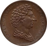 obverse of 1/2 Skilling - Carl XIV Johan (1832 - 1833) coin with KM# 637 from Sweden. Inscription: CARL XIV SVERIGES NORR. G.O. V. KONUNG