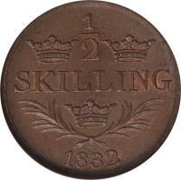 Sweden coin 1/2 Skilling - Carl XIV Johan (1832 - 1833) reverse reverse of 1/2 Skilling - Carl XIV Johan (1832 - 1833) coin with KM# 637 from Sweden. Inscription: 1 2 SKILLING 1832