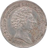 obverse of 1/8 Riksdaler Specie - Carl XIV Johan (1830 - 1837) coin with KM# 626 from Sweden. Inscription: CARL XIV SVERIGES NORR.G.OCH.V.KONUNG