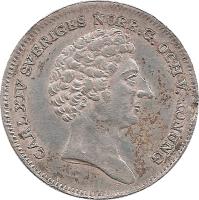 Sweden coin 1/8 Riksdaler Specie - Carl XIV Johan (1830 - 1837) obverse obverse of 1/8 Riksdaler Specie - Carl XIV Johan (1830 - 1837) coin with KM# 626 from Sweden. Inscription: CARL XIV SVERIGES NORR.G.OCH.V.KONUNG