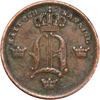 obverse of 1/6 Skilling Banco - Oscar I (1844 - 1855) coin with KM# 656 from Sweden. Inscription: RÄTT OCH SANNING