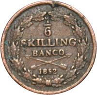 reverse of 1/6 Skilling Banco - Oscar I (1844 - 1855) coin with KM# 656 from Sweden. Inscription: 1/6 SKILLING BANCO 1852