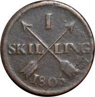 Sweden coin 1 Skilling - Gustaf IV Adolf (1802 - 1805) reverse reverse of 1 Skilling - Gustaf IV Adolf (1802 - 1805) coin with KM# 566 from Sweden. Inscription: 1 SKILLING 1805