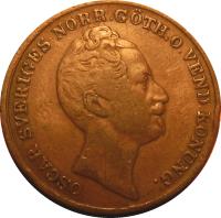 obverse of 1 Skilling Banco - Oscar I (1847 - 1855) coin with KM# 671 from Sweden. Inscription: OSCAR SVERRIGES NORR.GÖTH.O.VEND KONUNG.