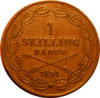 reverse of 1 Skilling Banco - Oscar I (1847 - 1855) coin with KM# 671 from Sweden. Inscription: 1 SKILLING BANCO 1854