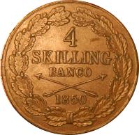 reverse of 4 Skilling Banco - Oscar I (1849 - 1855) coin with KM# 672 from Sweden. Inscription: 4 SKILLING BANCO 1850