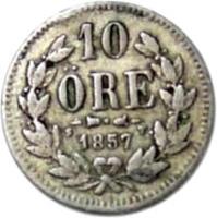 reverse of 10 Öre - Oscar I (1855 - 1859) coin with KM# 683 from Sweden. Inscription: 10 ÖRE 1857