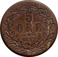 Sweden coin 5 Öre - Oscar I (1857 - 1858) reverse reverse of 5 Öre - Oscar I (1857 - 1858) coin with KM# 690 from Sweden. Inscription: 5 ÖRE 1858