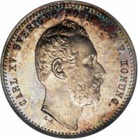 obverse of 25 Öre - Carl XV Adolf (1862 - 1871) coin with KM# 712 from Sweden. Inscription: CARL XV SVERIGES NORR. G. O. V. KONUNG. L.A.
