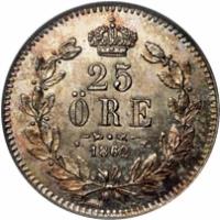 reverse of 25 Öre - Carl XV Adolf (1862 - 1871) coin with KM# 712 from Sweden. Inscription: 25 ÖRE S.T. 1871