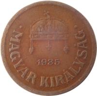 Hungary coin 2 Fillér - Miklós Horthy (1926 - 1940) obverse obverse of 2 Fillér - Miklós Horthy (1926 - 1940) coin with KM# 506 from Hungary. Inscription: 1937 MAGYAR KIRÁLYSÁG