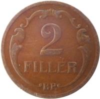 reverse of 2 Fillér - Miklós Horthy (1926 - 1940) coin with KM# 506 from Hungary. Inscription: 2 FILLÉR BP.