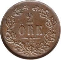 reverse of 2 Öre - Oscar II (1873) coin with KM# 729 from Sweden. Inscription: 2 ORE 1873