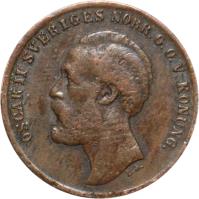 obverse of 1 Öre - Oscar II (1873) coin with KM# 728 from Sweden. Inscription: OSCAR II SVERIGES NORR. G.O.V KONUNG