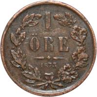 reverse of 1 Öre - Oscar II (1873) coin with KM# 728 from Sweden. Inscription: 1 ÖRE 1873