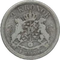 reverse of 2 Kronor - Oscar II - OCH in title (1878 - 1880) coin with KM# 749 from Sweden.