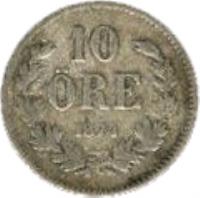 reverse of 10 Öre - Oscar II - Small letters (1874 - 1876) coin with KM# 737 from Sweden. Inscription: 10 ÖRE 1874