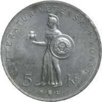 reverse of 5 Kronor - Gustaf VI Adolf - 80th Birthday (1962) coin with KM# 838 from Sweden. Inscription: LITTERÄTUR.VETENSKAP.KONST 5 KR
