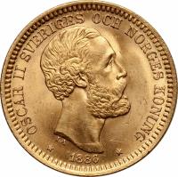 obverse of 20 Kronor - Oscar II (1877 - 1899) coin with KM# 748 from Sweden. Inscription: OSCAR II SVERIGES OCH NORGES KONUNG LA * 1886 *