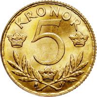 reverse of 5 Kronor - Gustav V (1920) coin with KM# 797 from Sweden. Inscription: KRONOR 5 W