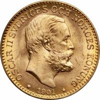 obverse of 10 Kronor - Oscar II (1901) coin with KM# 767 from Sweden. Inscription: OSCAR II SVERIGES OCH NORGES KONUNG * 1901 *