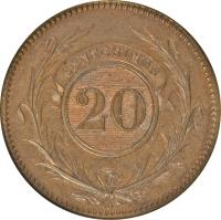 reverse of 20 Centésimos (1857) coin with KM# 9 from Uruguay. Inscription: CENTESIMOS 20 D