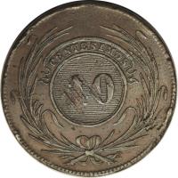 reverse of 40 Centésimos (1844) coin with KM# 3 from Uruguay. Inscription: CENTESIMOS 40