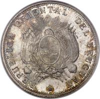 obverse of 50 Centésimos (1877 - 1894) coin with KM# 16 from Uruguay. Inscription: REPUBLICA ORIENTAL DEL URUGUAY