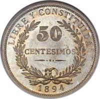 reverse of 50 Centésimos (1877 - 1894) coin with KM# 16 from Uruguay. Inscription: LIBRE Y CONSTITUIDA 50 CENTIMOS 1893 So