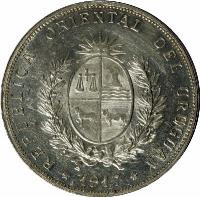obverse of 1 Peso (1917) coin with KM# 23 from Uruguay. Inscription: REPUBLICA ORIENTAL DEL URUGUAY *1917*