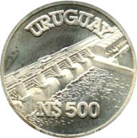 obverse of 500 Nuevo Pesos - 9 de Febrero de 1973 Dam (1983) coin with KM# 82 from Uruguay. Inscription: URUGUAY N$ 500