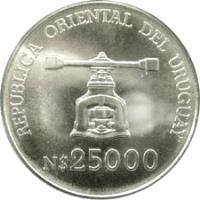 obverse of 25000 Nuevo Pesos - Anniversary of Central Bank (1992) coin with KM# 101 from Uruguay.